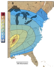 <strong>The Modified Mercalli Intensity rating map on the right shows intensity values that range from more than X to less than III. What does this map show? </strong> A) this earthquake had a Richter magnitude of 10 or 11 near the source B) this earthquake had a Richter magnitude of 3 or 6 along the East Coast C) the earthquake was not felt in southern Florida D) shaking was felt only very near to the earthquake E) building damage occurred in all of the zones that are shaded on this map