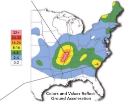 <strong>The image indicates that: </strong> A) two major zones exist for earthquake risk in the eastern United States B) the risk for earthquakes in extreme southeast Missouri is very low C) the eastern United States is under no risk for earthquakes D) Florida has the highest risk for earthquakes along the east coast