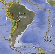 <strong>On this map of South America and adjacent areas, which site would most likely generate a tsunami? </strong> A) 1, the oceanic trench B) 2, below the magmatic belt C) 3, along a passive margin D) 4, in the middle of the Atlantic Ocean