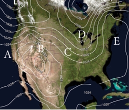 <strong>What location on this map best represents a trough of low pressure?  </strong> A) A B) B C) C D) D E) E <div style=padding-top: 35px> 