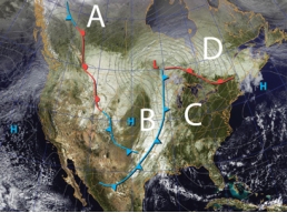 <strong>On this map, a cold front is located between letters:  </strong> A) A and B B) B and C C) C and D D) A and C E) A and D <div style=padding-top: 35px> 