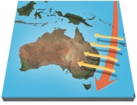 <strong>The east Australian current is shown by the sweeping arrow flowing south along the continents eastern shoreline. Winds blowing across this current onto land are shown as a series of westward arrows. These winds:  </strong> A) are heated and make the eastern side of Australia arid B) rise over the current and are unaffected C) pick up moisture and then cause precipitation, allowing rain forests along the coast D) release moisture and cool the current <div style=padding-top: 35px> 