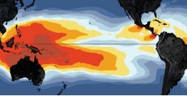 <strong>This figure shows warmer-than-normal sea-surface temperatures in the western Pacific and cooler-than-normal temperatures for the eastern Pacific. What condition is being illustrated?  </strong> A) monsoon B) world-wide drought C) El Niño D) La Niña <div style=padding-top: 35px> 