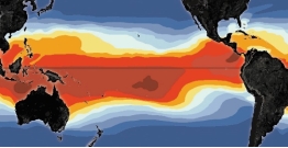 <strong>This figure shows warmer-than-normal sea-surface temperatures in the eastern Pacific. What condition is illustrated?  </strong> A) monsoon B) world-wide drought C) El Niño D) La Niña <div style=padding-top: 35px> 