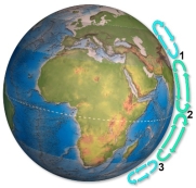 <strong>Arrows on this figure shows flow cells in the atmosphere. Which areas) would most likely be a desert?  </strong> A) 1 B) 2 C) 3 D) 1 and 2 E) 1 and 3 <div style=padding-top: 35px> 