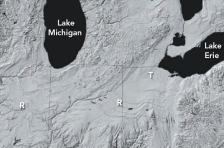 <strong>What is the origin of curved ridges R on this figure) in the Great Lakes area?  </strong> A) folds produced during a continental collision B) paths of ancient rivers C) piles of sediment deposited by retreating glaciers D) remnants of a meteoroid impact <div style=padding-top: 35px> 