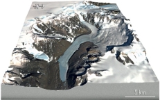 <strong>What type of glacier is shown in the center of this image?  </strong> A) ribbon glacier B) valley glacier C) low-elevation glacier D) high-elevation glacier <div style=padding-top: 35px> 