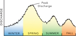 <strong>On this graph of discharge versus season for a river in the Rocky Mountains, why is the highest runoff likely to be in the spring? </strong> A) winter snow melts in the spring B) the Rocky Mountains have many tornadoes during the spring C) the Rocky Mountains experience hurricanes in the spring D) all of these