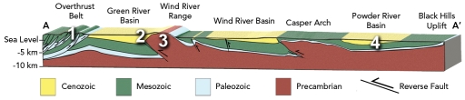 <strong>Which setting in this cross section of Wyoming would be least likely to have petroleum, including coal-bed methane?  </strong> A) 1, the overthrust belt, which has shuffled sedimentary rocks B) 2, where sedimentary rocks of the Green River Basin have been overridden beneath the Wind River Range C) 3, the top of the Wind River Range, which is an anticline composed of Precambrian granite and metamorphic rocks D) the Powder River Basin, which has coal bends in a syncline <div style=padding-top: 35px> 