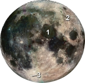 <strong>Which feature on Earth's moon is the oldest and consists of heavily crater, feldspar rich, igneous rock?  </strong> A) 1, the mare B) 2, lunar highlands C) 3, rayed crater D) the polar ice caps <div style=padding-top: 35px> 