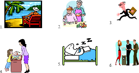 Usate il passato prossimo e scrivete quello che fanno le persone.(Using the passato prossimo write what each person is doing.) 1.Gino . 2.La nonna e la nipote . 3.Il signor Mazzaferro . 4.La bambina . 5.Il professor Femia . 6.Stefano, Rocco, e tu .