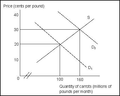<strong>Use the following to answer questions 23-28: (Exhibit: The Market for Carrots)If this is a perfectly competitive market, each firm:</strong> A)will be a price setter. B)can sell all it wants to sell at the price determined by demand and supply. C)has an incentive to sell at a price lower than the market price. D)will attempt to maximize its total revenue.