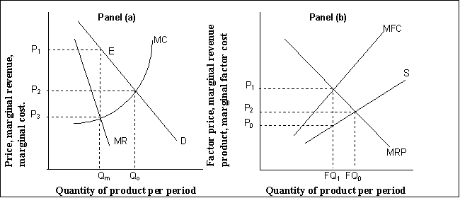 <strong> (Exhibit: Monopoly and Monopsony) In Panel (a), if the quantity of production is carried to the right of point E:</strong> A) MR < MC B) MR = P C) MR > P D) MRP > MFC