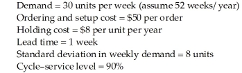 Table 5.11 The following information has been collected on an independent demand item: You will need to refer to a normal table to answer the question(s). -Use the information from Table 5.11.Design a periodic review system (P system),with P = 5 weeks.What target inventory T will provide the desired 90 percent cycle-service level?