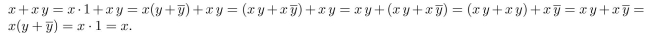 Give a reason for each step in the proof that x + xy = x is true in Boolean algebras. Your reasons should come from the following: associative laws for addition and multiplication, commutative laws for addition and multiplication, distributive law for multiplication over addition and distributive law for addition over multiplication, identity laws, unit property, zero property, and idempotent laws.