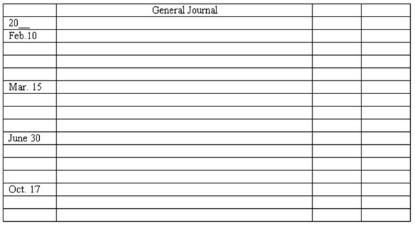 Stock dividends and share split-journal entries Eagle Corporation has 250,000 shares at $6 par value outstanding. Prepare journal entries in the space provided to record the following transactions during the current year: \begin{array} { | l | l | } \hline \text { Feb 10 } & \text { Declared a 25\% stock dividend Market price per share was } \$ 22 \\ \hline \text { Mar. 15 } & \text { Issued the shares for the stock dividend declared on February 10. } \\ \hline \text { June 30 } & \text { Distributed additional shares in a 2-for-1 share split Market price per share was } \$ 40 \\ \hline & \text { irmmediately before the share split } \\ \hline \text { Oct. 17 } & \text { Declared a 10\%/ stock dividend. Market rice per share was } \$ 24 \\ \hline \end{array}