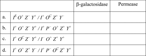 For each of the following E. coli partial diploid strains, indicate whether expression of \beta -galactosidase and permease is inducible (I), constitutive (C), or negative (no product made)(N). Assume glucose levels are very low. Which of the strains are able to use lactose as their sole carbon source?