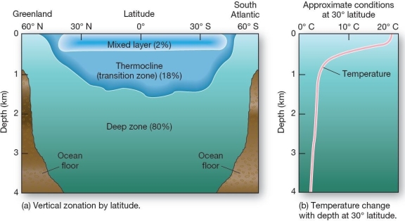 <strong> The ocean's physical structure.Schematic of the average vertical zonation as sampled along a line from Greenland to the South Atlantic. Within the mixing zone and thermocline,average temperature and salinity</strong> A)decrease with depth. B)increase with depth. C)remain fairly constant with depth. D)decrease within the mixing zone,but increases within the thermocline. E)remain constant within the mixing zone,but increase within the thermocline.