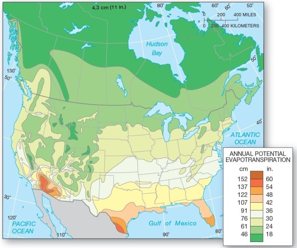   <B>Potential evapotranspiration for the United States and Canada-the water demand. </B>  Which of the following is true of evapotranspiration in North America?
