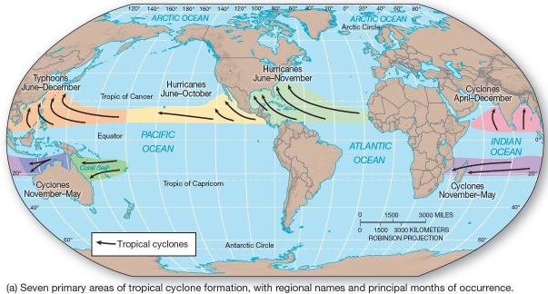 <B>Tropical cyclone formation areas and storm tracks</B> Cyclones in the southern Indian Ocean usually occur between