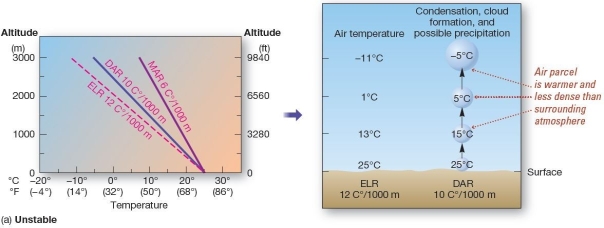 <strong> Stability-three examples.Specific examples of (a)unstable, (b)conditionally unstable,and (c)stable conditions in the lower atmosphere.Note the response to these three conditions in the air parcel on the right side of each diagram. When the environmental lapse rate is between the dry and moist adiabatic lapse rates,conditions are described as</strong> A)adiabatic. B)stability. C)conditionally unstable. D)unstable. E)conditionally stable.