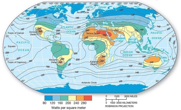 <strong> Insolation at Earth's Surface The insolation received at Earth's surface is</strong> A)usually low at the equator. B)generally greater at high latitudes because of day length. C)greatest over low-latitude deserts with their cloudless skies. D)inadequate to sustain life. E)highest in the mid-latitudes due to seasonality.