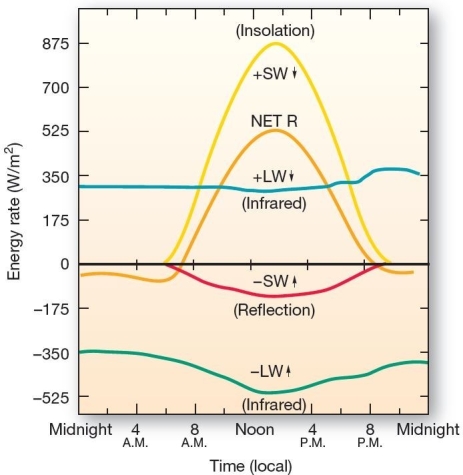 <strong>  Daily radiation budget.Radiation budget on a typical July summer day at a midlatitude location (Matador in southern Saskatchewan,about 51° N).[Based on T.R.Oke,Boundary Layer Climates,© 1978 Methuen & Co.] NET R values,as illustrated for a typically summer day at a midlatitude location,are positive</strong> A)during the night when +LW is at a maximum. B)after dusk due to a lag effect of outgoing infrared radiation. C)during daylight hours,peaking just after noon with the peak of insolation. D)during the daylight hours,peaking just after sunrise. E)around midnight when +SW is the highest. <div style=padding-top: 35px> 