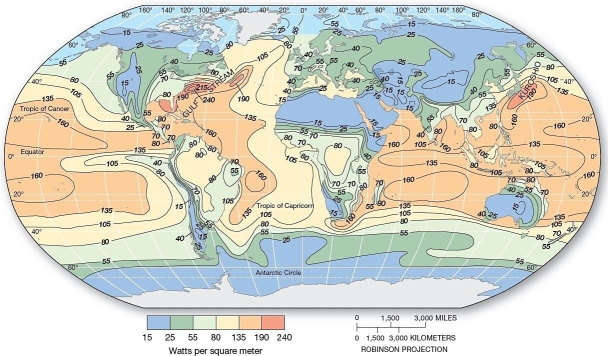 <strong>  Global latent heat of evaporation.Annual energy dissipated as the latent heat of evaporation (LE)at the surface.Note the highest values over areas with high sea-surface temperatures associated with warm ocean currents-the Gulf Stream off the east coast of North America and the Kuroshio off the east coast of Japan.[Adapted from M.I.Budyko,The Earth's Climate,Past and Future,© 1982 Academic Press.] On land,the highest annual values for latent heat of evaporation (LE)occur</strong> A)near the poles. B)over the subtropics. C)in the tropics. D)in the midlatitudes. E)in continental interiors. <div style=padding-top: 35px> 