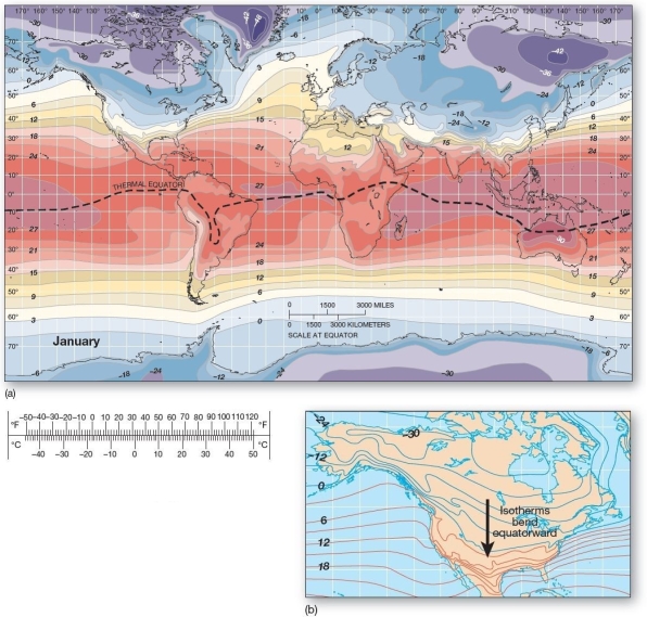 Global average temperatures for January .(a)Temperatures are in Celsius (convertible to Fahrenheit by means of the scale)as taken from separate air temperature databases for ocean and land. In January,the thermal equator