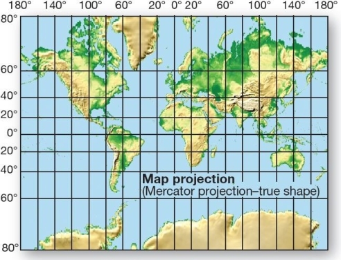    <B>From globe to flat map</B>.Conversion of the globe to a flat map projection requires a decision about which properties to preserve and the amount of distortion that is acceptable.[NASA/NOAA/ GSFC/Suomi NPP/VIIRS/Norman Kuring.]   Where does the greatest distortion in a Mercator projection occur?