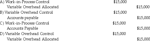 A company is using a standard cost system and receives its electricity bill.Electricity is considered a variable cost of operations for this company.The bill is for $15,000 and will be paid next month.Which of the following entries would be the correct recording of the electricity bill?