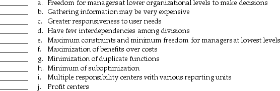 For each of the following activities,characteristics,and applications,identify whether they can be found in a centralized organization,a decentralized organization,or both types of organizations.