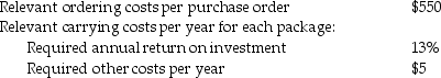 <strong>The Allianz Company produces a specialty wood furniture product,and has the following information available concerning its inventory items: Annual demand is 34,000 packages per year.The purchase price per package is $51. What is the annual relevant ordering costs?</strong> A)$6837 B)$10,428 C)$7873 D)$11,300