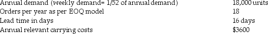 <strong>The following information applies to Krynton Corp.which supplies microscopes to laboratories throughout the country.Krynton purchases the microscopes from a manufacturer which has a reputation for very high quality in its manufacturing operation. What is the economic order quantity assuming each order was made at the economic-order-quantity amount?</strong> A)2057 units B)1000 units C)1108 units D)3200 units