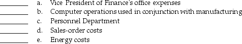 For each cost pool listed select an appropriate allocation base from the list below.An allocation base may be used only once.Assume a manufacturing company. Allocation bases for which the information system can provide data: 1.Number of employees per department 2.Employee wages and salaries per department 3.Number of sales orders 4.Hours of operation of each production department 5.Machine hours by department 6.Operations costs of each department 7.Hours of computer use per month per department 8.Number of units sold Cost pools: