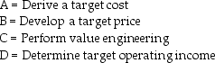 <strong>Place the following steps for the implementation of target costing in order: </strong> A)B D A C B)B A D C C)A D B C D)A B C D