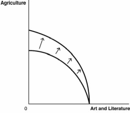 Use these production possibilities frontier PPF) curves, which compare the ancient production of agricultural products to art and literature, to answer the next questions. A. B. C. D. E. -Suppose a great plague wipes out half of the society's population. Which of the following graphs best depicts how this would affect the PPF?