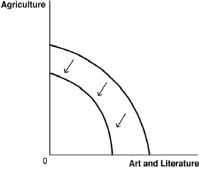 Use these production possibilities frontier PPF) curves, which compare the ancient production of agricultural products to art and literature, to answer the next questions. A. B. C. D. E. -Suppose a great plague wipes out half of the society's population. Which of the following graphs best depicts how this would affect the PPF?