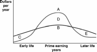 Refer to the following graph that describes income and consumption patterns over a typical life cycle to answer the next questions: -Which part of the accompanying graph depicts dissaving?