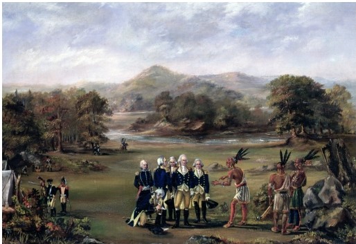 <strong>Why is it striking that the painting of the Treaty of Greenville features an Indian appearing to dictate terms to white Americans? </strong> A) Because Indians and white men did not speak the same language,so they would not have been able to verbally communicate B) Because the white Americans would never have taken direction from an Indian C) Because women always handled political negotiations in native cultures D) Because in reality,the terms of the treaty were mostly favorable to the United States rather than to native groups