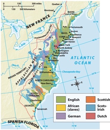 <strong>Where in the American colonies did the English primarily settle during the eighteenth century,according to Map 5.1: Europeans and Africans in the Eighteenth Century? </strong> A) Appalachian Mountains B) Proclamation Line of 1763 C) East Coast D) Southeast region of North America