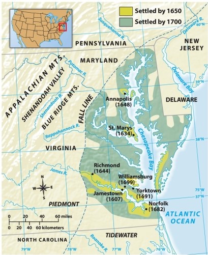 <strong>According to Map 3.1: Chesapeake Colonies in the Seventeenth Century,what river led most directly to the earliest established Chesapeake settlements? </strong> A) James River B) Potomac River C) Rappahannock River D) Susquehanna River
