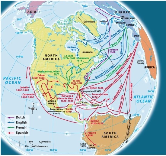 <strong>According to Map 2.2: European Exploration in Sixteenth-Century America,which European explorers traveled to the Inca empire?  </strong> A) The Dutch B) The English C) The Spanish D) The French <div style=padding-top: 35px> 