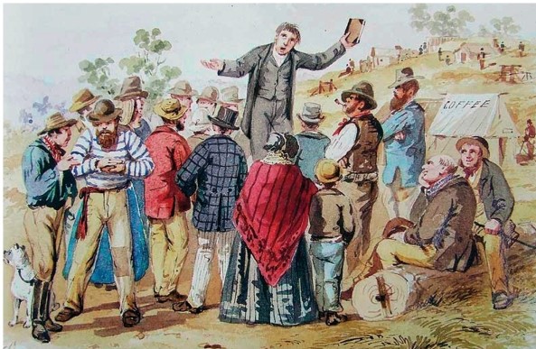 <strong>What does the drawing titled Camp Meeting,Mid-Nineteenth Century suggest about those who attended camp meetings and revivals? </strong> A) They possessed a relatively low-class status. B) They were slaves. C) They were wealthy. D) They were a racially and economically diverse group.