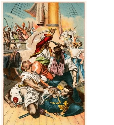 In the painting Saving the Life of Commodore Decatur, which of the following indicates that the Tripolitan soldiers were different from the Americans?