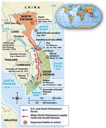 <strong>According to Map 29.2: The Vietnam War,1964-1975,which city was the site of a major battle during the Vietnam War? </strong> A) Phnom Penh B) My Lai C) Dien Bien Phu D) Da Nang