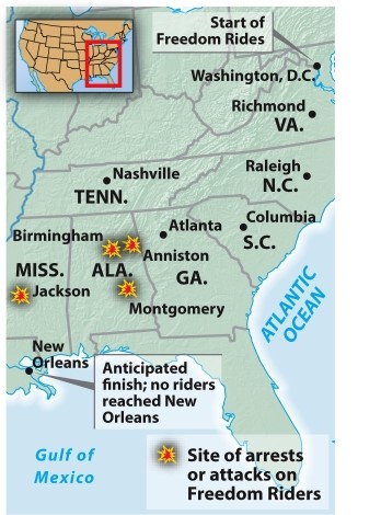 <strong>According to the map titled Civil Rights Freedom Rides,May 1961, which of the following is true? </strong> A) More attacks happened in Mississippi that anywhere else. B) The Freedom Rides moved southeast,ending in Florida. C) No Freedom Riders traveled completely from Washington,D.C.,to New Orleans. D) The Freedom Rides were attacked in every state from Virginia to Mississippi.