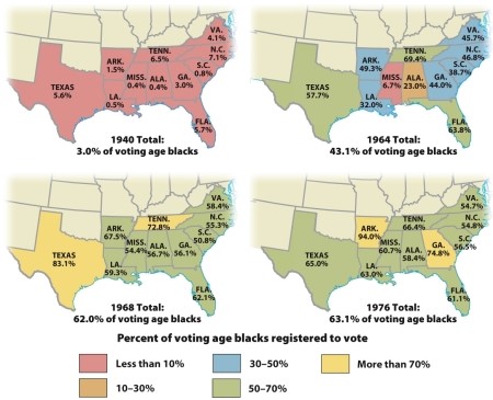 <strong>According to Map 28.2: The Rise of the African American Vote,1940-1976,what southern state was the first in which more than 80 percent of eligible African Americans registered to vote? </strong> A) Arkansas B) Texas C) Georgia D) Tennessee