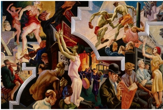 <strong>What aspects of city life were emphasized in the City Activities Mural? </strong> A) The vibrant entertainment culture of cities B) The hard work performed by city dwellers C) The ethnic diversity of cities D) The patriotism and support for President Roosevelt common in cities