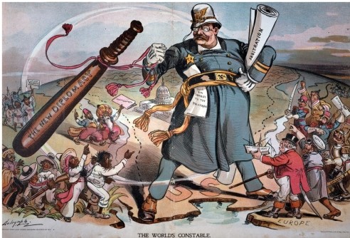 <strong>In the 1905 political cartoon titled The World's Constable, why was Theodore Roosevelt surrounding by smaller,pleading figures? </strong> A) To emphasize his imposing physical stature B) To represent the global need and desire for Roosevelt and the United States to act as the world's policemen C) To signify the power and might of white men over foreigners D) To emphasize America's military might and new role as an empire